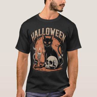 Spooky Black Cat mit Skull & Candles T-Shirt