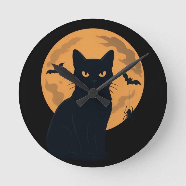 Spooky Black Cat Silhouette Halloween Gothic Cat Runde Wanduhr (Vorderseite)