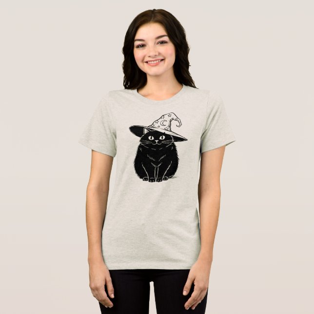 Spooky Black Cat Wizard Halloween Design Tri-Blend Shirt (Vorderseite voll)
