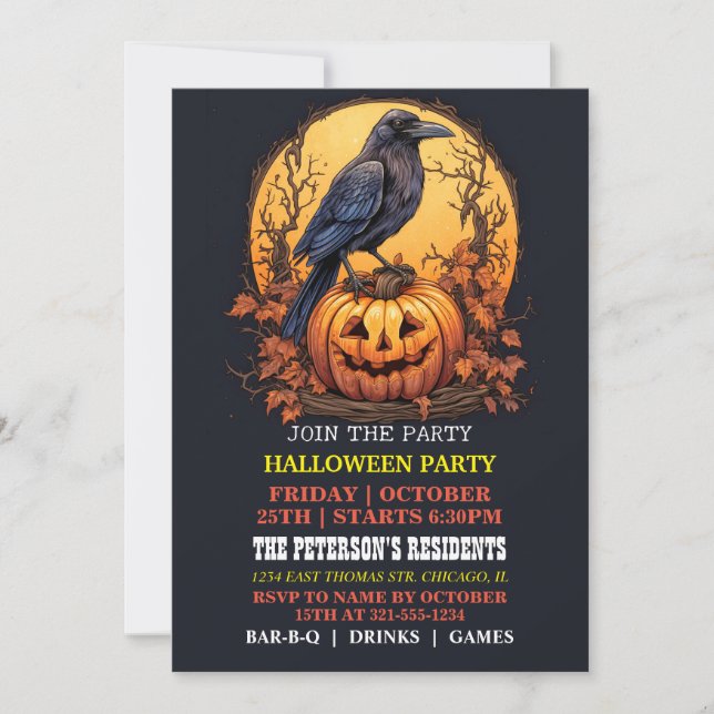 Spooky Black Crow Halloween-Party Einladungen (Vorderseite)