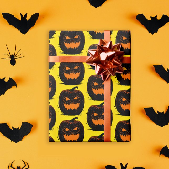 Spooky Black Pumpkins Gelbes Halloween-Muster Geschenkpapier (Von Creator hochgeladen)