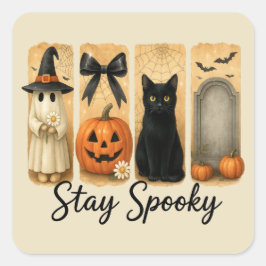 "Spooky Bleibe" Halloween Pinselstriche Katze Quadratischer Aufkleber