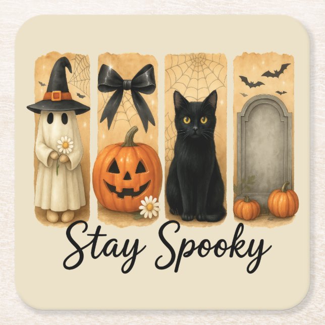"Spooky Bleibe" Halloween Pinselstriche Katze Rechteckiger Pappuntersetzer (Vorderseite)