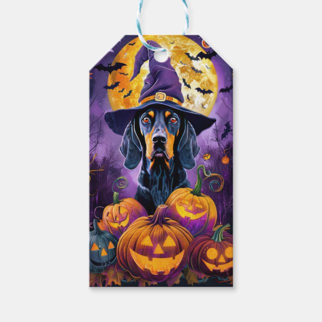 Spooky Bluetick Coonhound Halloween Hexenkürbis Geschenkanhänger (Vorderseite)