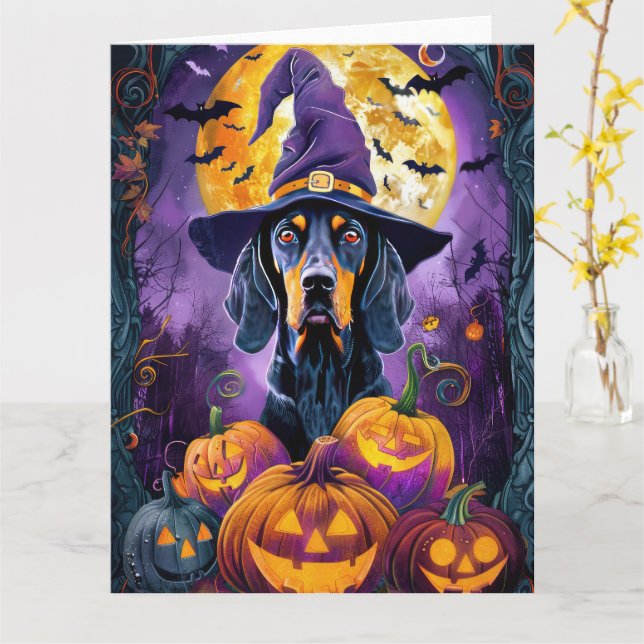 Spooky Bluetick Coonhound Halloween Hexenkürbis Karte (Gelbe Blume)