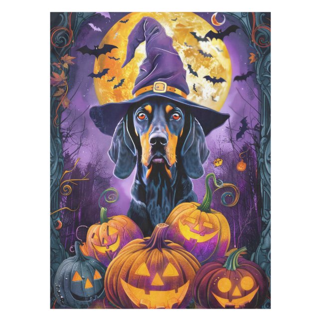 Spooky Bluetick Coonhound Halloween Hexenkürbis Tischdecke (Vorderseite)