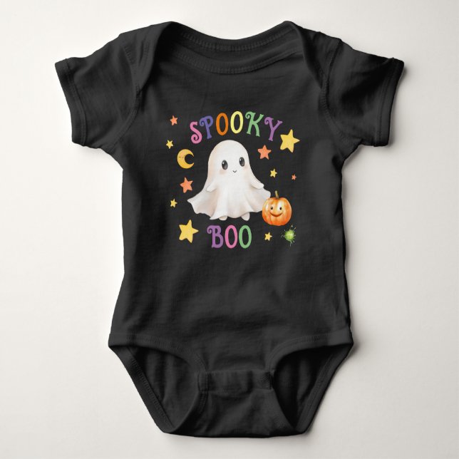 Spooky Boo Black Baby Grow - Halloween Baby Outfit Strampler (Vorderseite)