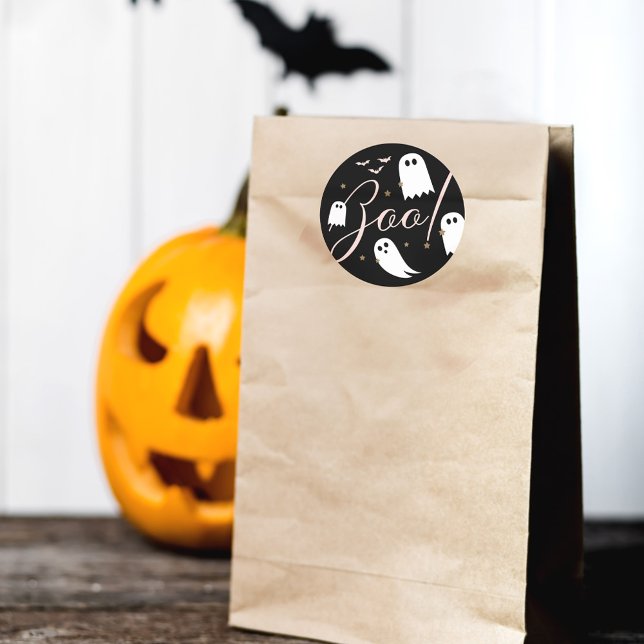 Spooky Boo! Halloween Ghost & Bats Black Runder Aufkleber (Spooky Boo! Halloween Ghost & Bats Black Classic Round Sticker)