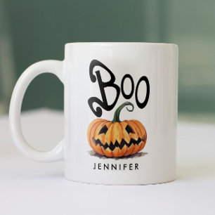 Spooky Boo Orange Black Halloween Pumpkin Name Zweifarbige Tasse