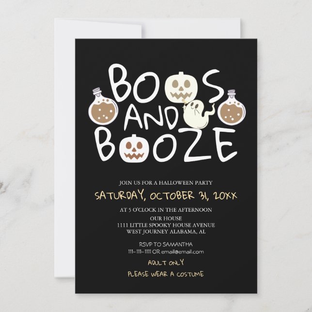 Spooky Boos und Booze Black Adult Halloween-Party Einladung (Vorderseite)