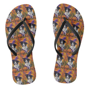 Spooky Border Collie Halloween Hexe und Kürbis Flip Flops