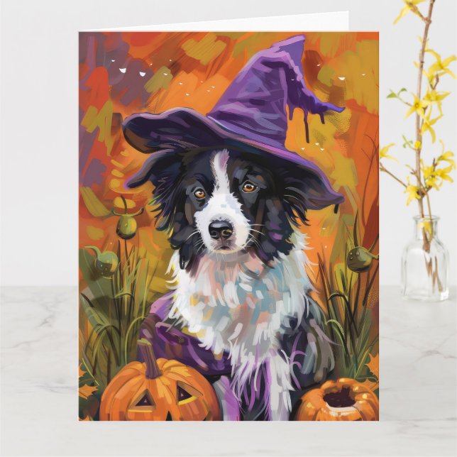 Spooky Border Collie Halloween Hexe und Kürbis Karte (Gelbe Blume)