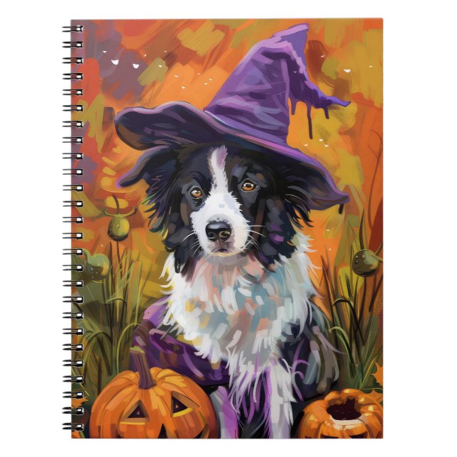 Spooky Border Collie Halloween Hexe und Kürbis Notizblock (Vorderseite)