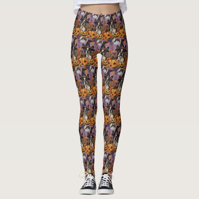 Spooky Boston Terrier Halloween Hexe und Pumpkin Leggings (Vorderseite)