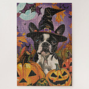 Spooky Boston Terrier Halloween Hexe und Pumpkin Puzzle