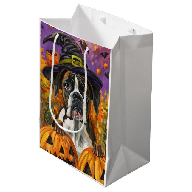 Spooky Boxer Halloween Hexe und Kürbis Mittlere Geschenktüte (Vorderseite Schrägansicht)