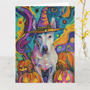 Spooky Bull Terrier Halloween Hexe und Pumpkin Karte