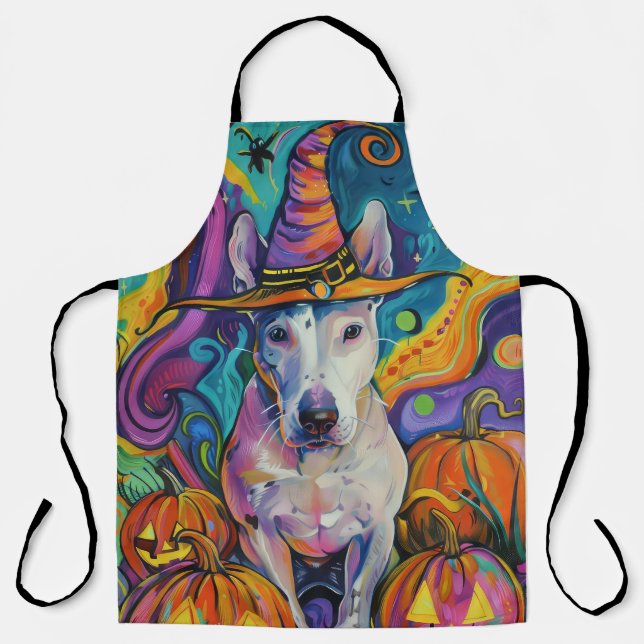 Spooky Bull Terrier Halloween Hexe und Pumpkin Schürze (Vorderseite)