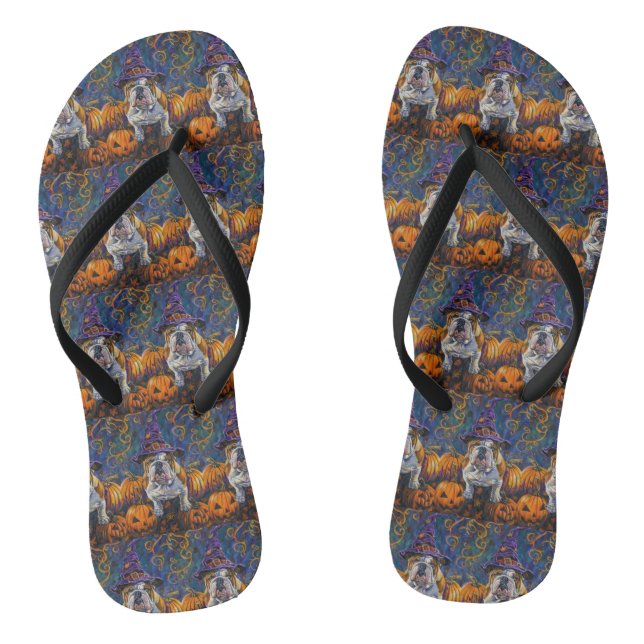 Spooky Bulldog Halloween Hexe und Kürbis Flip Flops (Fußbett)
