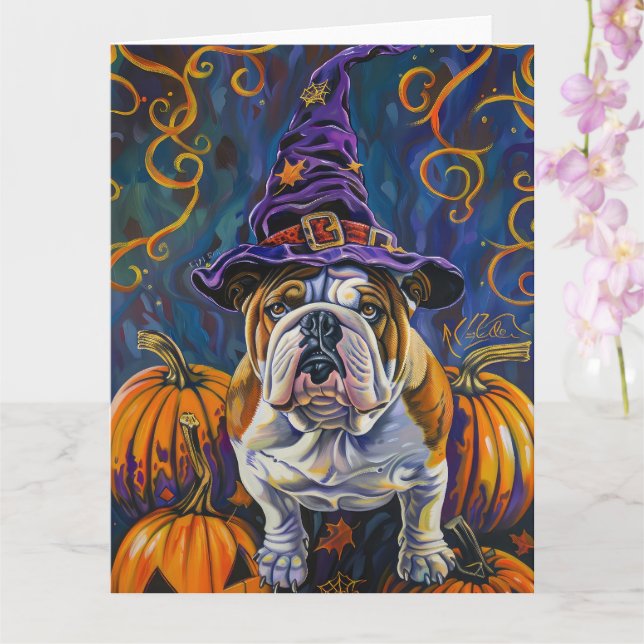 Spooky Bulldog Halloween Hexe und Kürbis Karte (Orchidee)