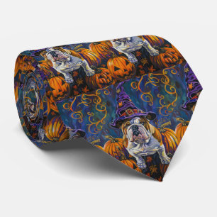 Spooky Bulldog Halloween Hexe und Kürbis Krawatte