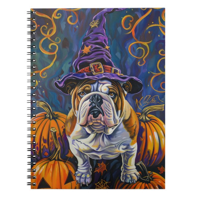 Spooky Bulldog Halloween Hexe und Kürbis Notizblock (Vorderseite)