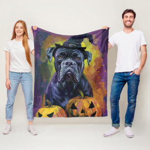 Spooky Bullmastiff Hund Halloween Hexe und Pumpkin Fleecedecke