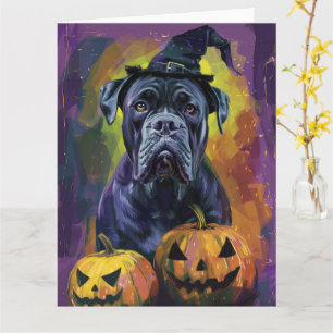 Spooky Bullmastiff Hund Halloween Hexe und Pumpkin Karte