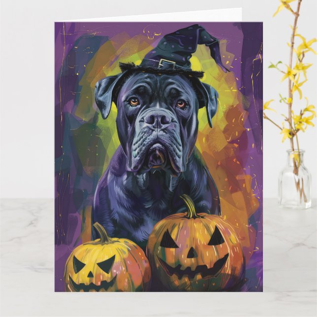Spooky Bullmastiff Hund Halloween Hexe und Pumpkin Karte (Gelbe Blume)