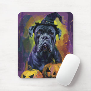 Spooky Bullmastiff Hund Halloween Hexe und Pumpkin Mousepad