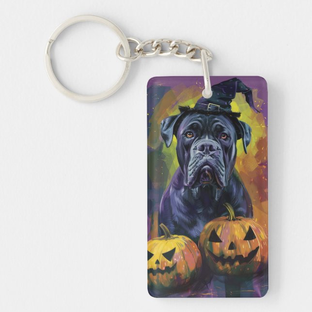 Spooky Bullmastiff Hund Halloween Hexe und Pumpkin Schlüsselanhänger (Vorderseite)