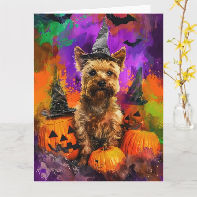 Spooky Cairn Terrier Dog Halloween Hexenkürbis Karte (Gelbe Blume)