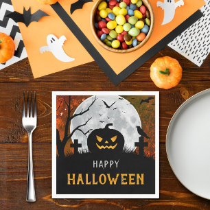 Spooky Carved Pumpkin Graveyard Halloween-Party Serviette