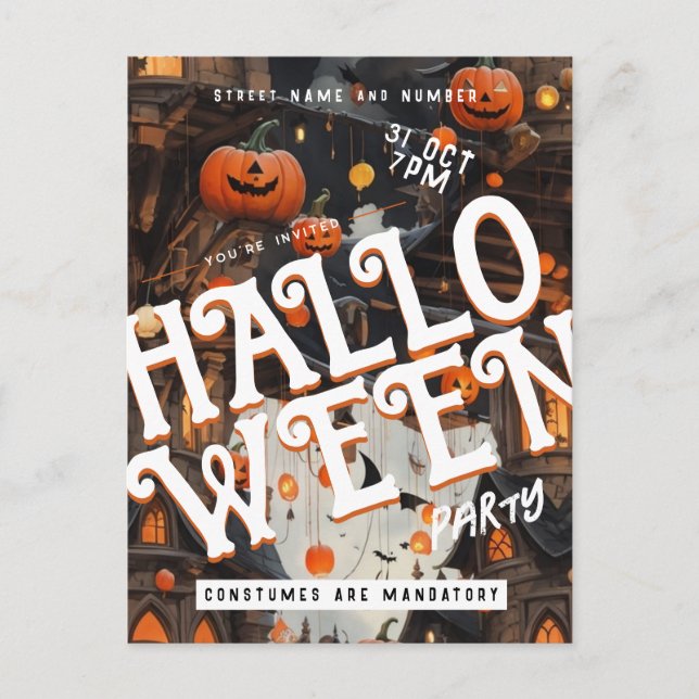 Spooky Castle Clouds Halloween-Party Einladung Postkarte (Vorderseite)