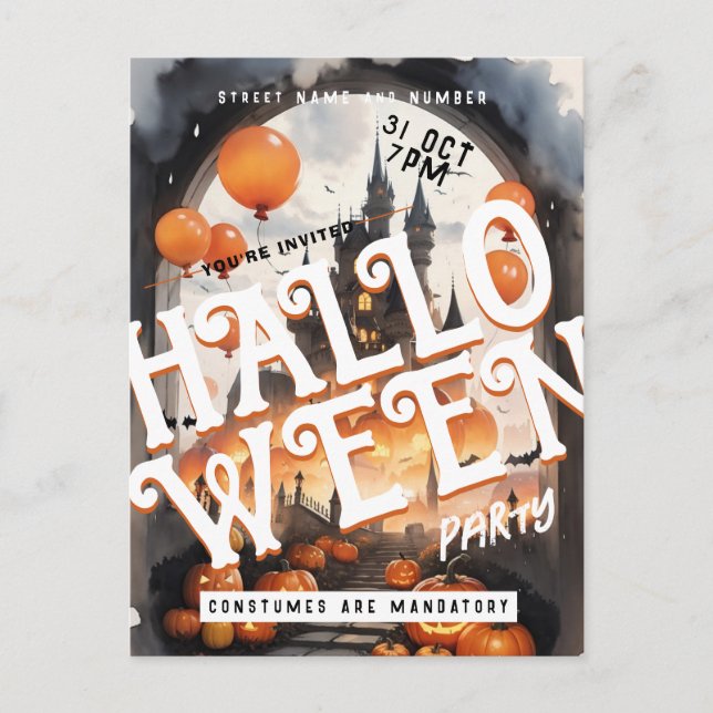 Spooky Castle Clouds Halloween-Party Einladung Postkarte (Vorderseite)