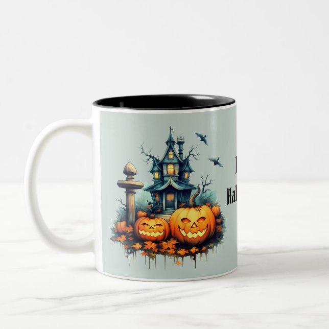 Spooky Castle Happy Halloween Zweifarbige Tasse (Links)