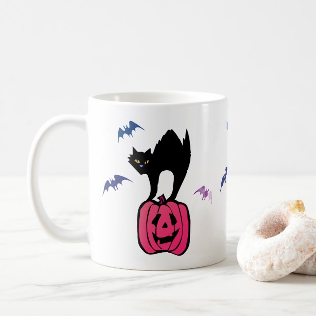 Spooky Cat Halloween Pumpkin Pop Art Kaffeetasse (Mit Donut)