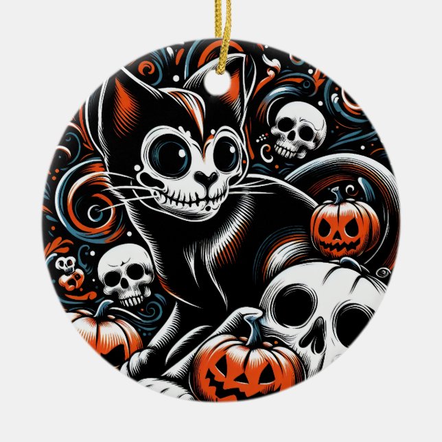 Spooky Cat mit Skullen Keramik Ornament (Vorne)