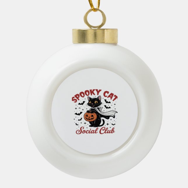 Spooky Cat Social Club PNG - Niedliche Halloween-K Keramik Kugel-Ornament (Vorderseite)