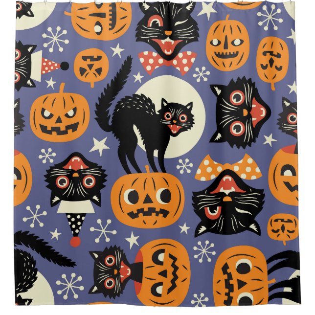 Spooky Cats Pumpkins Lila Muster Duschvorhang (Vorderseite)