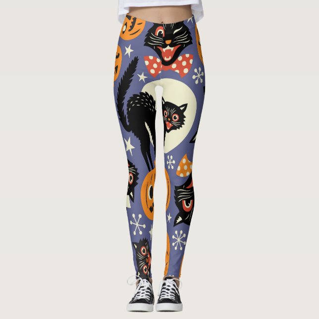 Spooky Cats Pumpkins Lila Muster Leggings (Vorderseite)