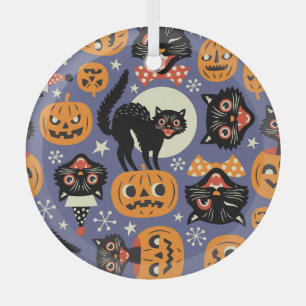 Spooky Cats Pumpkins Lila Muster Ornament Aus Glas