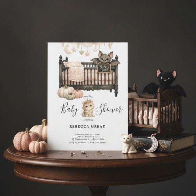 Spooky Chic Gothic Bat & Kitten Baby Girl Shower  Einladung (Von Creator hochgeladen)