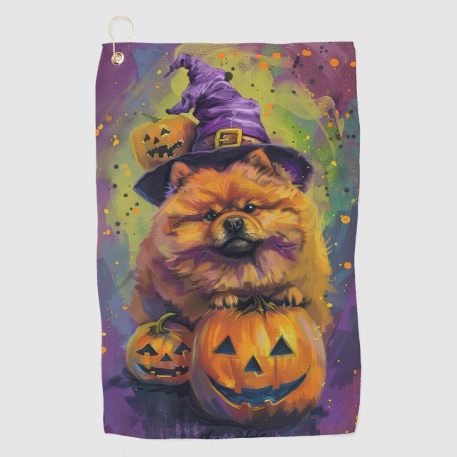 Spooky Chow Chow Hund Halloween Hexe und Pumpkin Golfhandtuch (Vorderseite)