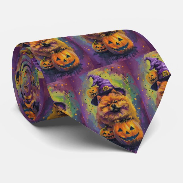 Spooky Chow Chow Hund Halloween Hexe und Pumpkin Krawatte (Gerollt)