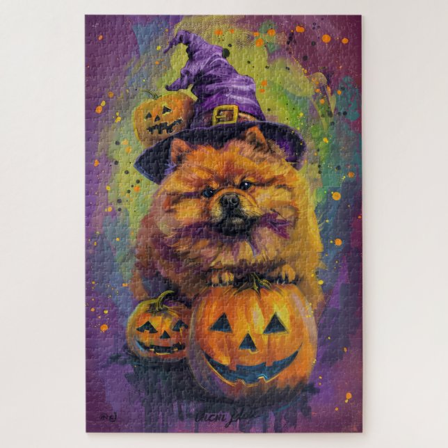 Spooky Chow Chow Hund Halloween Hexe und Pumpkin Puzzle (Vertikal)