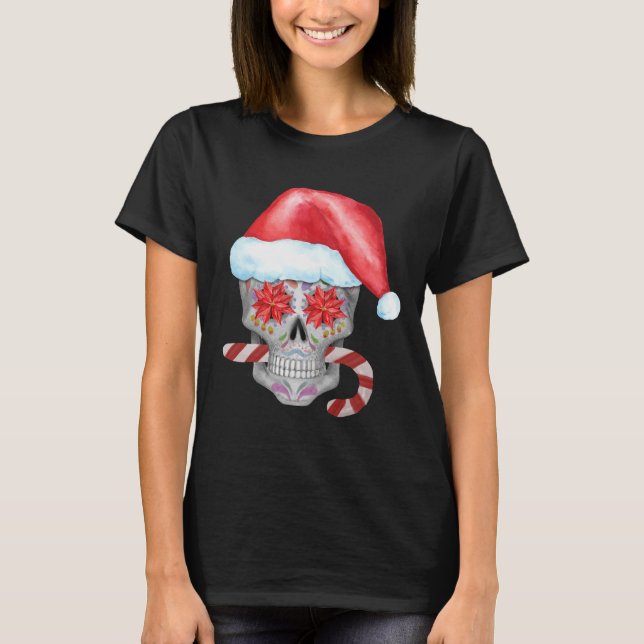 Spooky Christmas Skull Tragen Weihnachtsmannmütze T-Shirt (Vorderseite)