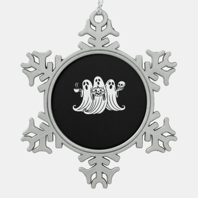 Spooky Coffee Sipping Pumpkin Holding Schneeflocken Zinn-Ornament (Vorderseite)