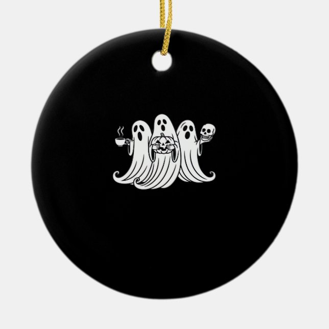 Spooky Coffee-Sipping Pumpkin-Holding Skull-Displa Keramik Ornament (Vorne)