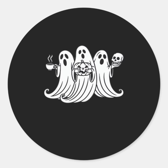 Spooky Coffee-Sipping Pumpkin-Holding Skull-Displa Runder Aufkleber (Vorderseite)